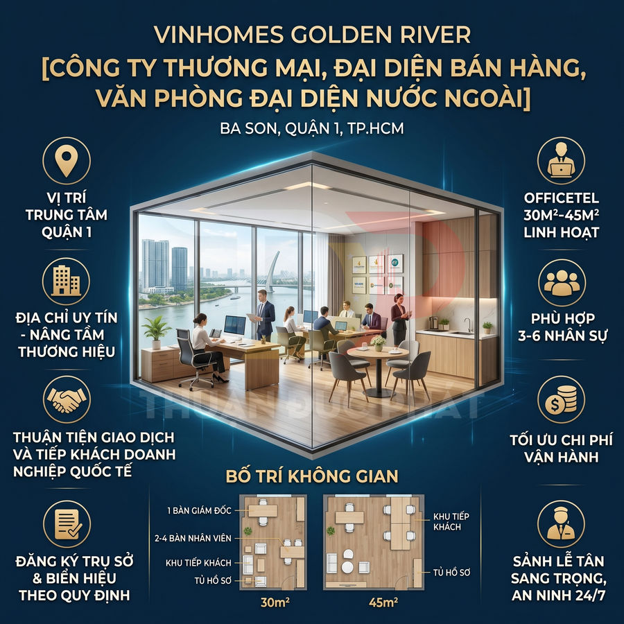 Văn phòng officetel Vinhomes Golden River Ba Son quận 1 thiết kế hiện đại view sông Sài Gòn phù hợp doanh nghiệp nhỏ