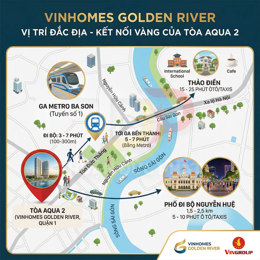 Sơ đồ vị trí dự án căn hộ Vinhomes Golden River tòa Aqua 2 và kết nối đến metro, Thảo Điền, phố đi bộ Nguyễn Huệ