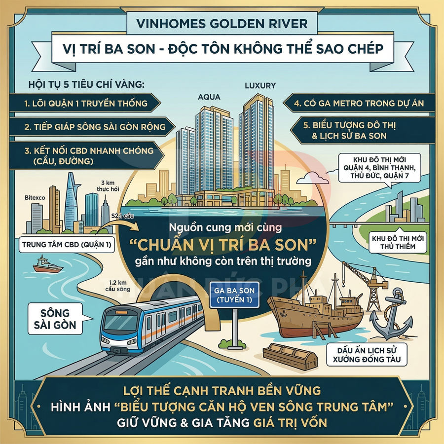 Infographic giới thiệu vị trí dự án căn hộ Vinhomes Golden River Ba Son ven sông Sài Gòn