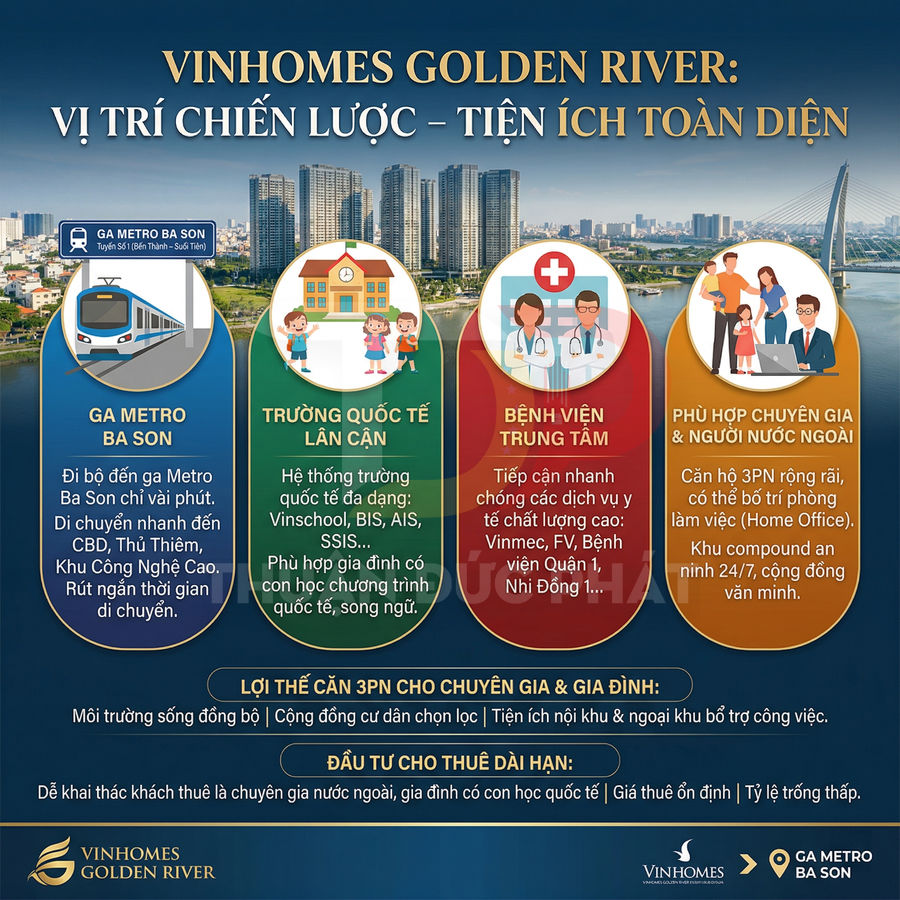 Poster giới thiệu dự án căn hộ Vinhomes Golden River với vị trí chiến lược và tiện ích cho chuyên gia, gia đình