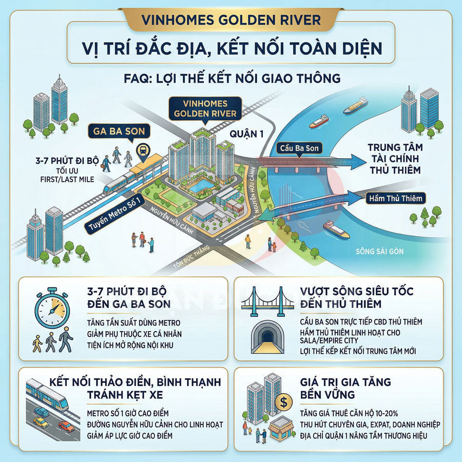 Infographic vị trí dự án Vinhomes Golden River với lợi thế kết nối giao thông và tiện ích xung quanh
