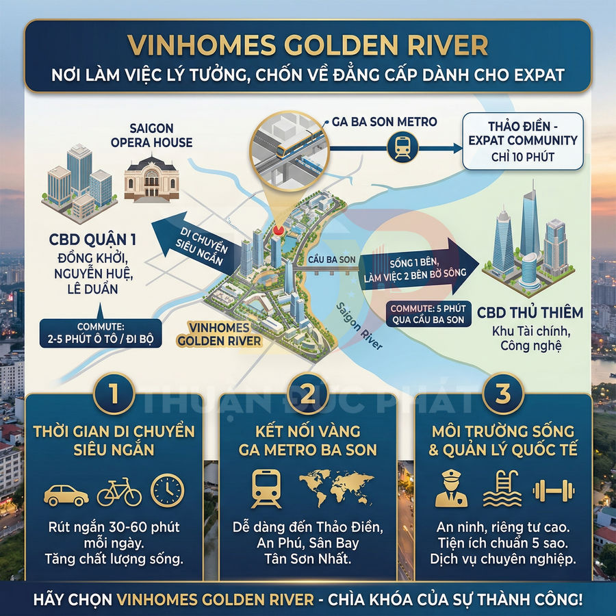 Infographic giới thiệu dự án căn hộ cao cấp Vinhomes Golden River tại trung tâm TP HCM và các tiện ích xung quanh