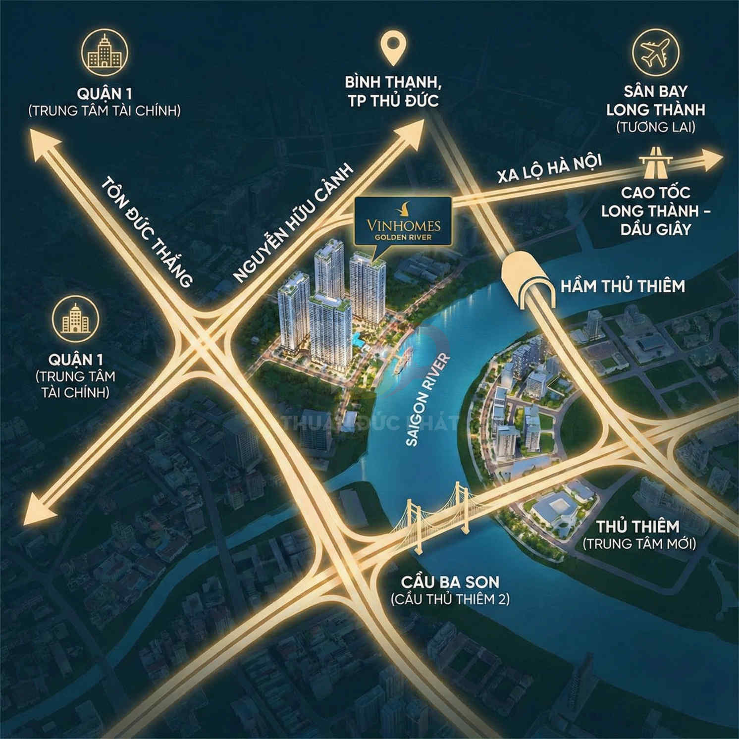 Vinhomes Golden River bên sông Sài Gòn với bản đồ kết nối Quận 1, Thủ Thiêm, Bình Thạnh và sân bay Long Thành