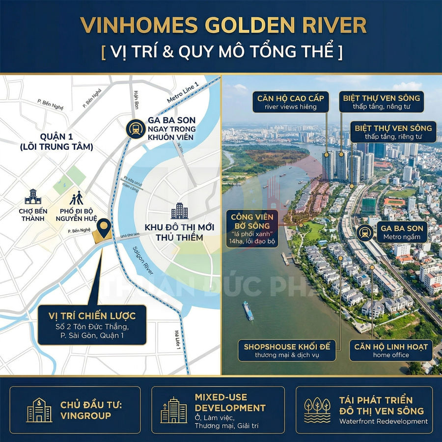 Tổng quan vị trí dự án căn hộ Vinhomes Golden River ven sông Sài Gòn tại trung tâm Quận 1