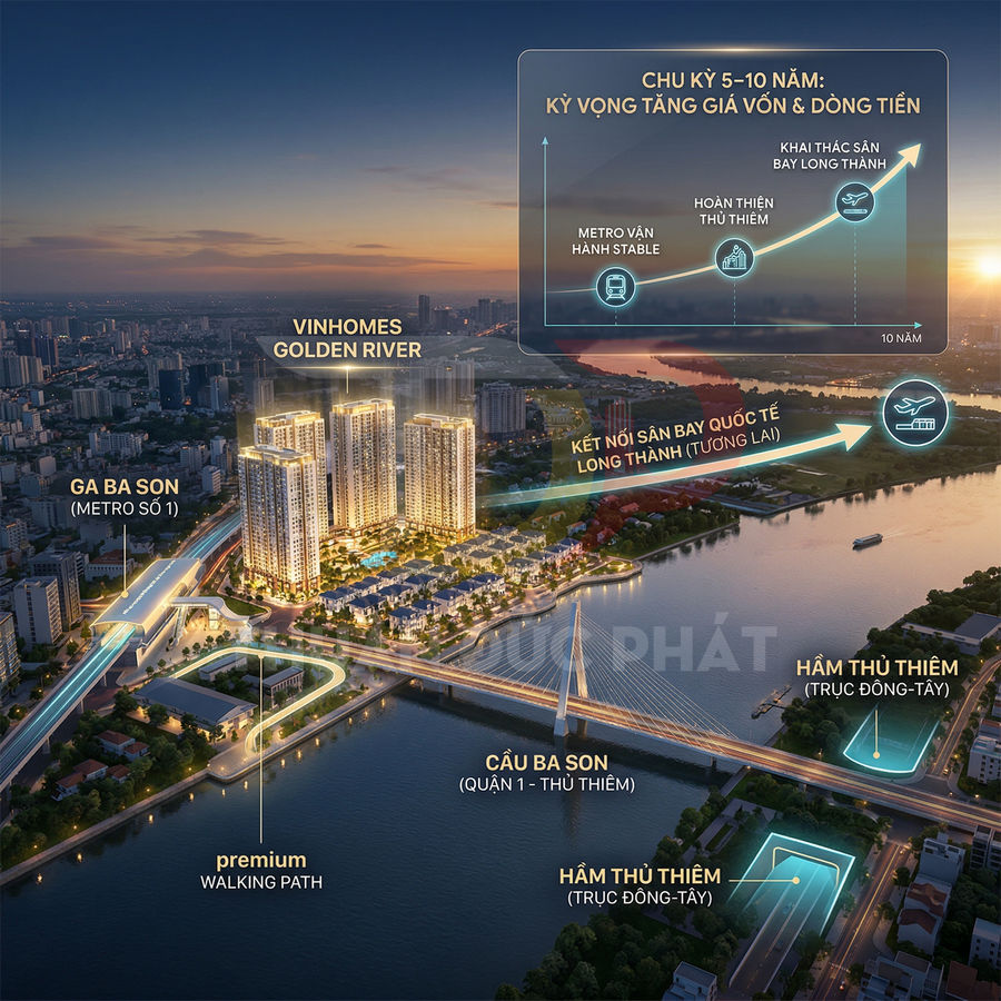 Phối cảnh dự án căn hộ Vinhomes Golden River bên sông Sài Gòn, gần ga Ba Son và cầu Thủ Thiêm
