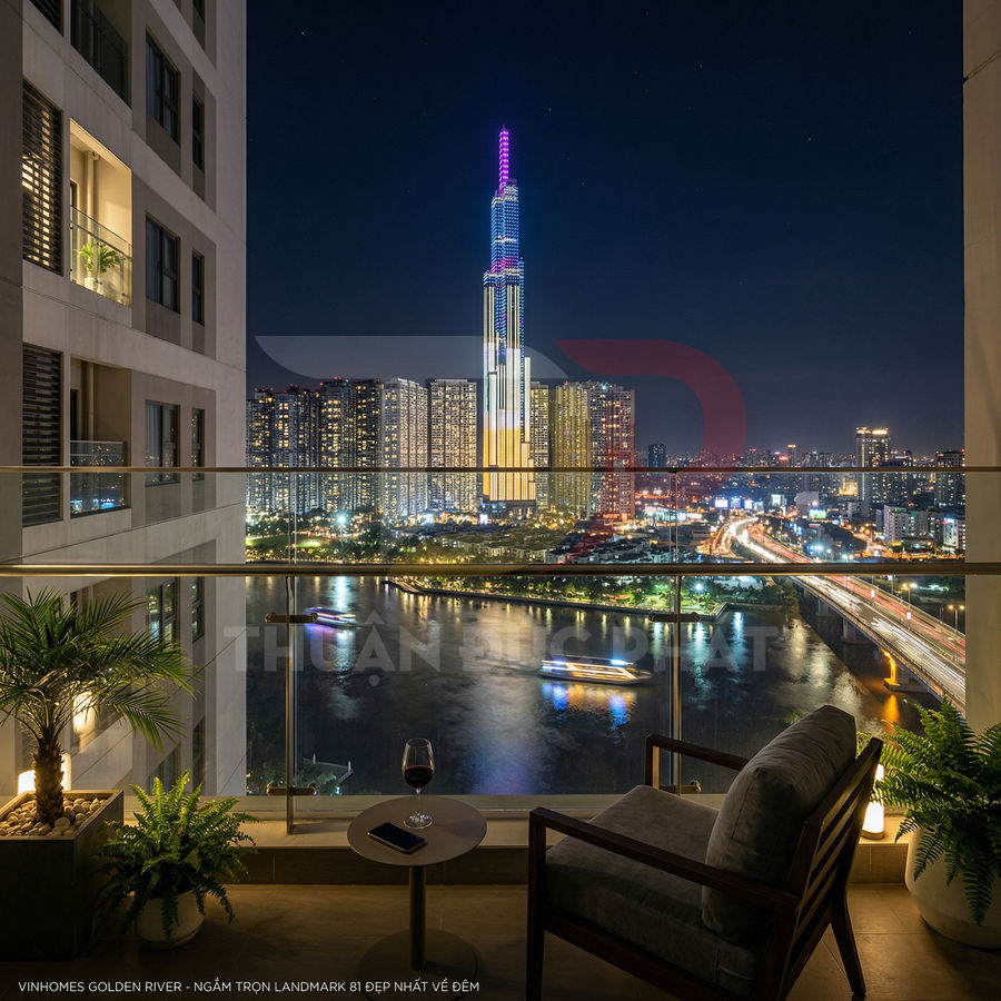 Ban công căn hộ Vinhomes Golden River view Landmark 81 và sông Sài Gòn lung linh về đêm