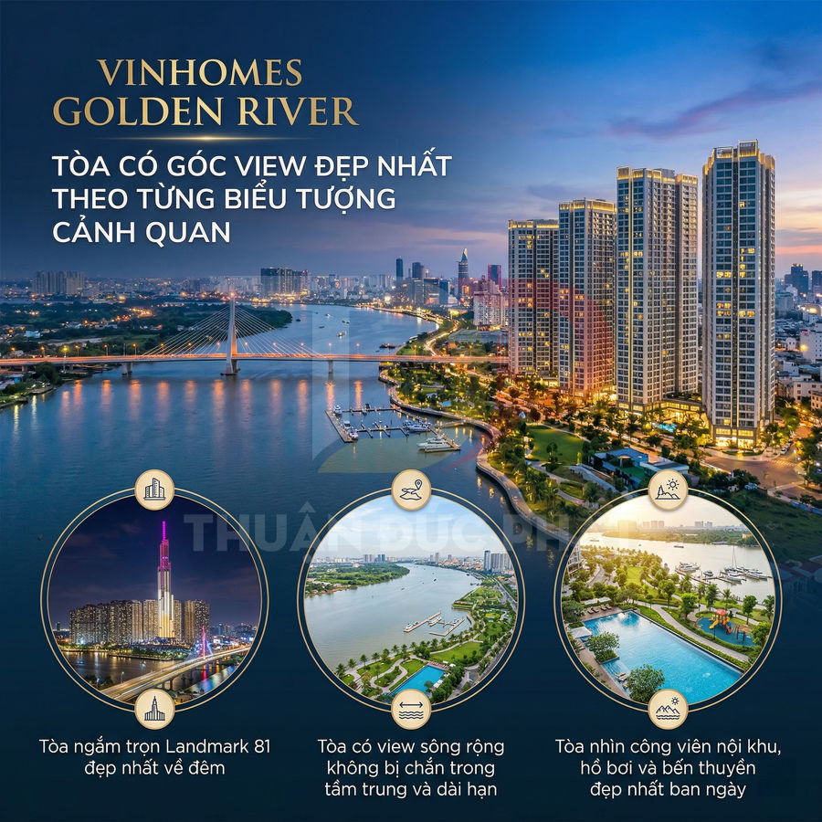 Vinhomes Golden River view sông Sài Gòn về đêm với các tòa căn hộ cao cấp và bến du thuyền sang trọng