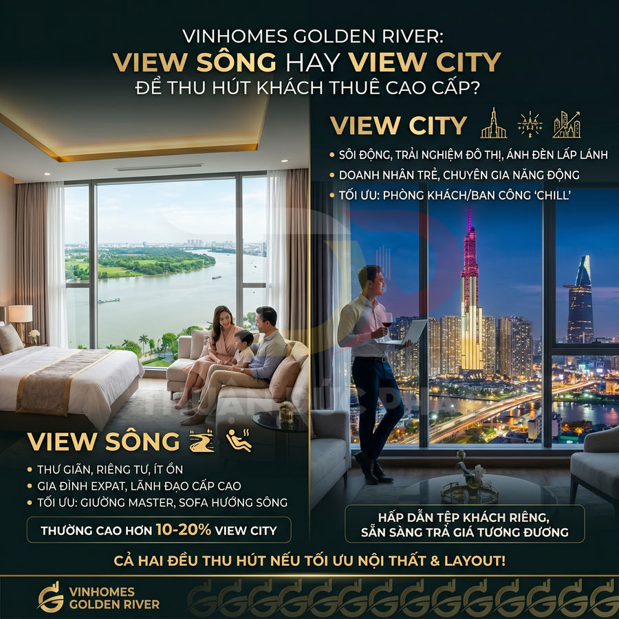 Căn hộ Vinhomes Golden River với phòng khách view sông và view thành phố về đêm, nội thất cao cấp thu hút khách thuê