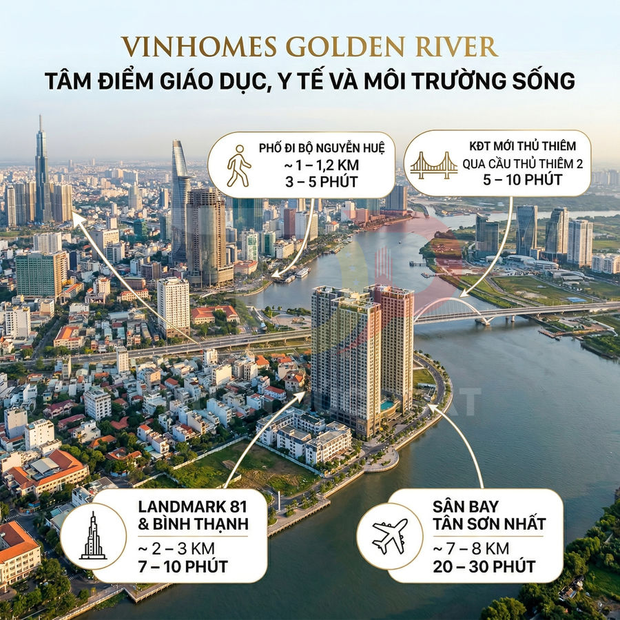 Vinhomes Golden River bên sông Sài Gòn, vị trí trung tâm gần Nguyễn Huệ, Thủ Thiêm, Landmark 81 và sân bay Tân Sơn Nhất