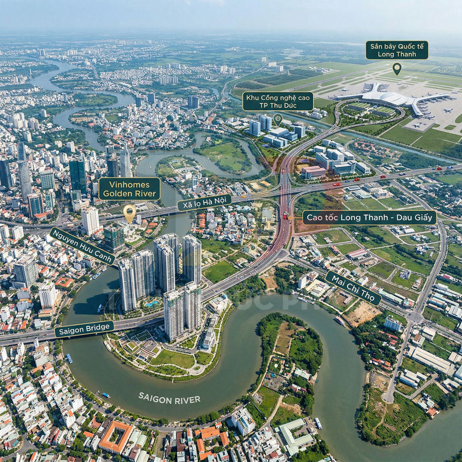 Toàn cảnh dự án căn hộ Vinhomes Golden River bên sông Sài Gòn, gần cầu Sài Gòn và các tuyến đường huyết mạch