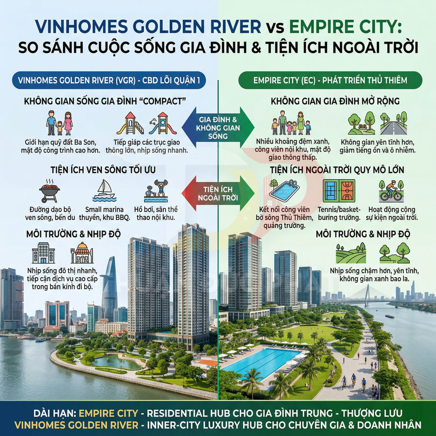 So sánh tiện ích và không gian sống dự án Vinhomes Golden River và Empire City bên sông Sài Gòn