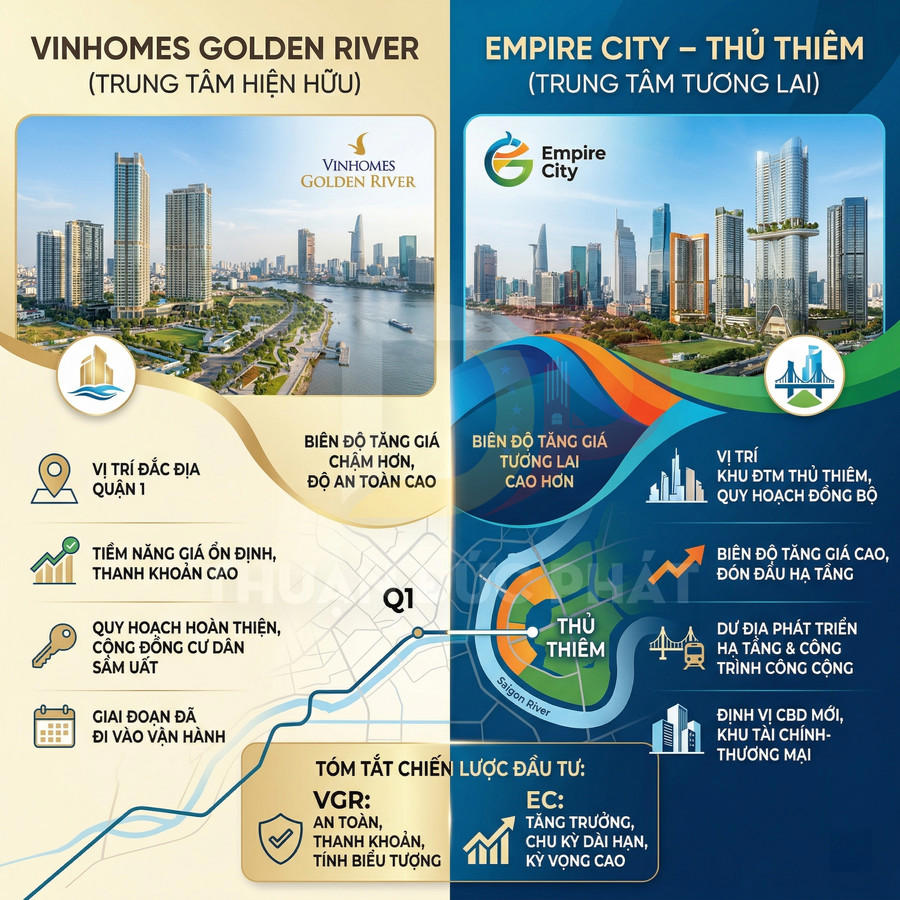 So sánh dự án Vinhomes Golden River và Empire City Thủ Thiêm với vị trí, tiềm năng tăng giá, hạ tầng và chiến lược đầu tư