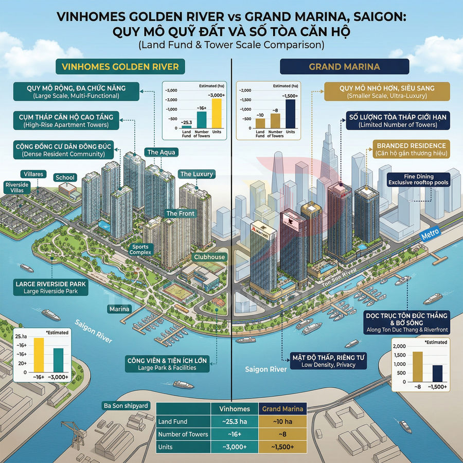 So sánh quy mô dự án căn hộ Vinhomes Golden River và Grand Marina Saigon bên sông Sài Gòn