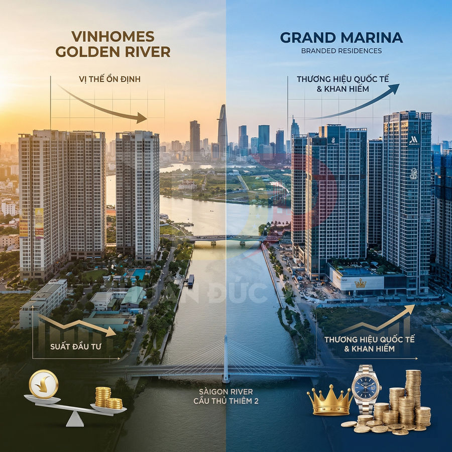 So sánh dự án căn hộ Vinhomes Golden River và Grand Marina bên sông Sài Gòn, gần cầu Thủ Thiêm 2