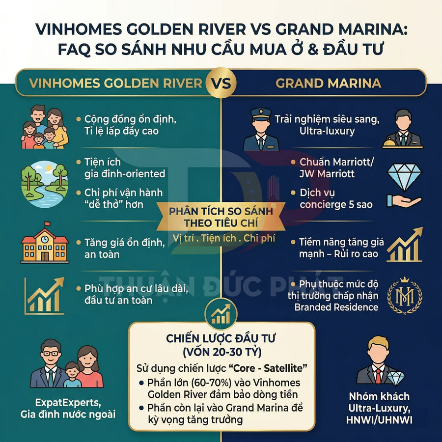Infographic so sánh dự án Vinhomes Golden River và Grand Marina về nhu cầu mua ở và đầu tư bất động sản