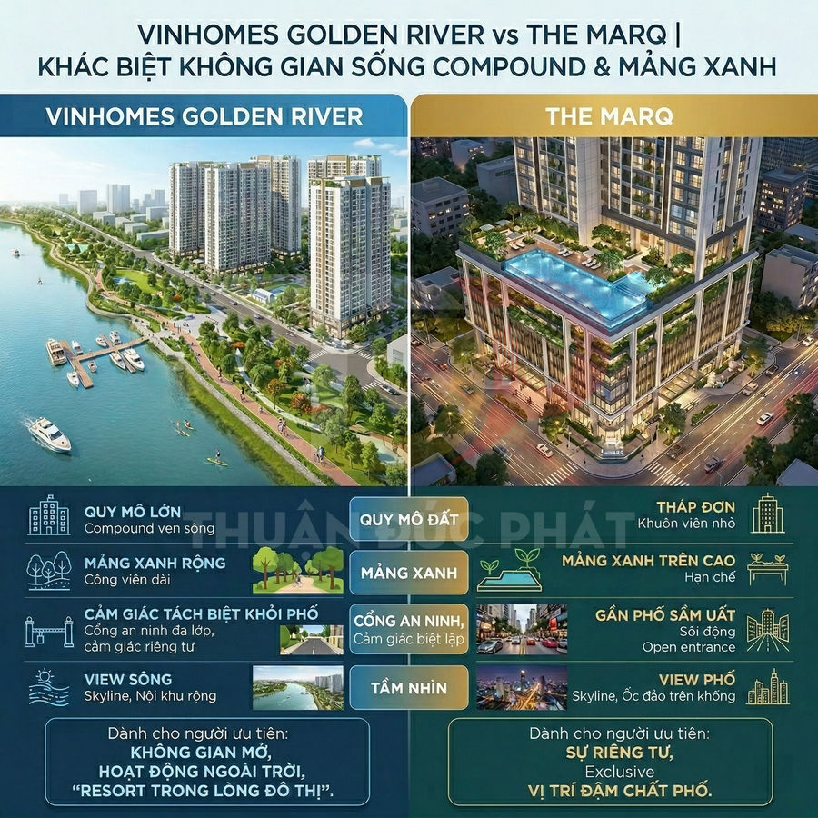 So sánh dự án căn hộ Vinhomes Golden River ven sông và The Marq trung tâm thành phố, nhấn mạnh không gian xanh