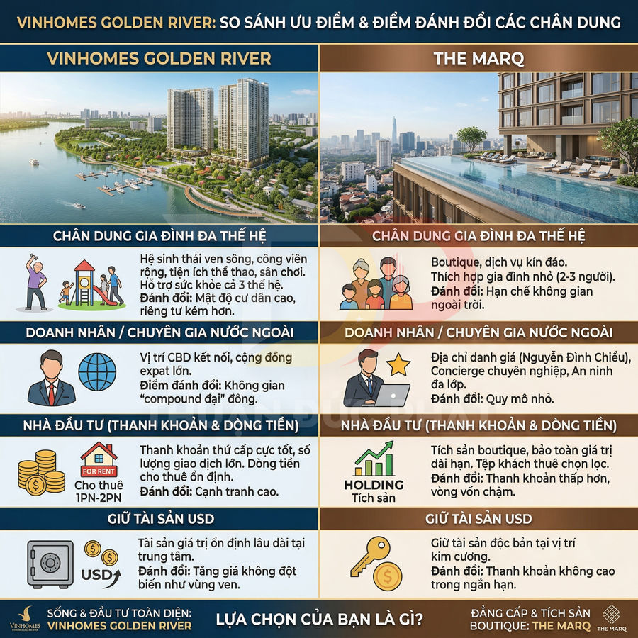 Infographic so sánh ưu nhược điểm dự án căn hộ Vinhomes Golden River và The Marq tại TP HCM