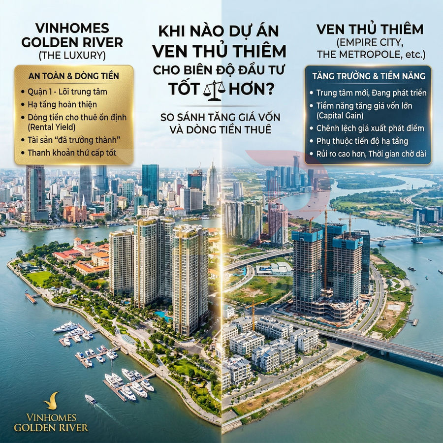 So sánh dự án căn hộ Vinhomes Golden River và ven Thủ Thiêm tại trung tâm TP HCM ven sông