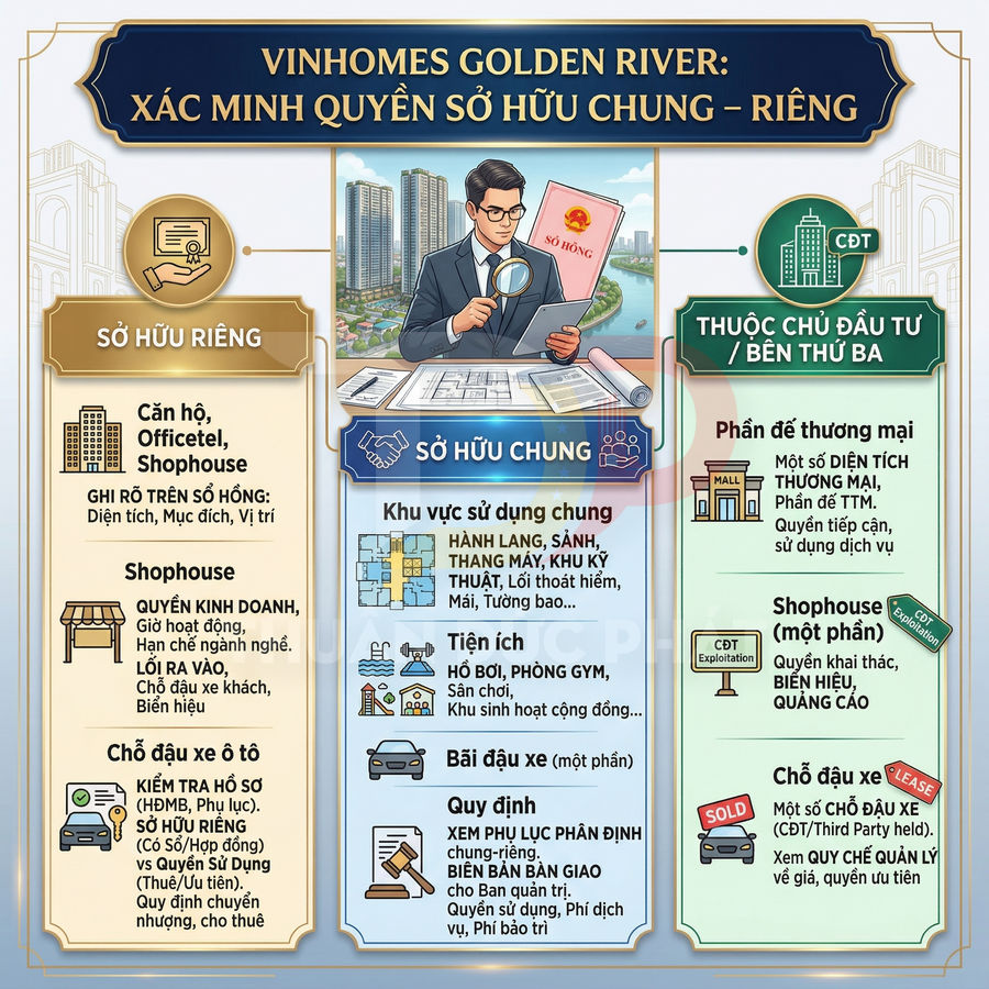 Infographic Vinhomes Golden River giải thích quyền sở hữu chung riêng căn hộ, shophouse và tiện ích dự án