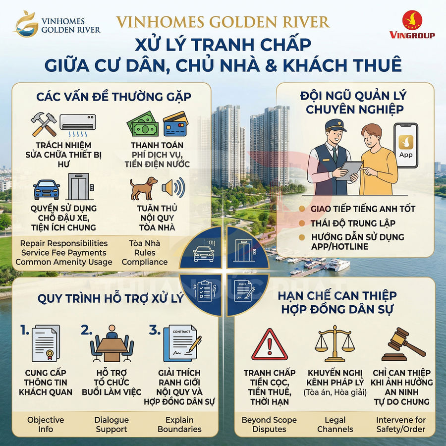 Infographic Vinhomes Golden River hướng dẫn xử lý tranh chấp giữa cư dân chủ nhà và khách thuê căn hộ