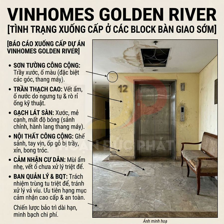 Sảnh thang máy chung cư Vinhomes Golden River xuống cấp với trần thạch cao ố vàng, tường bong tróc và sàn gạch trầy xước