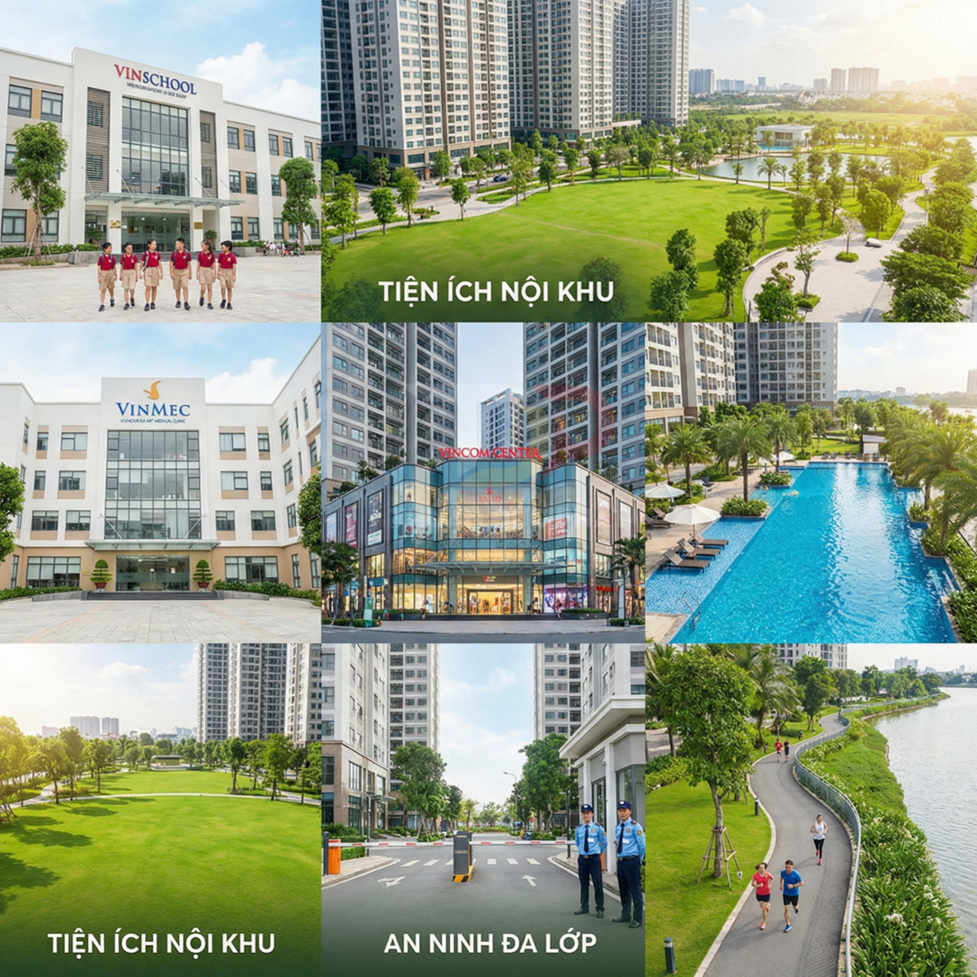 Tiện ích nội khu Vinhomes với trường Vinschool, bệnh viện Vinmec, Vincom Center, hồ bơi, công viên và đường chạy bộ