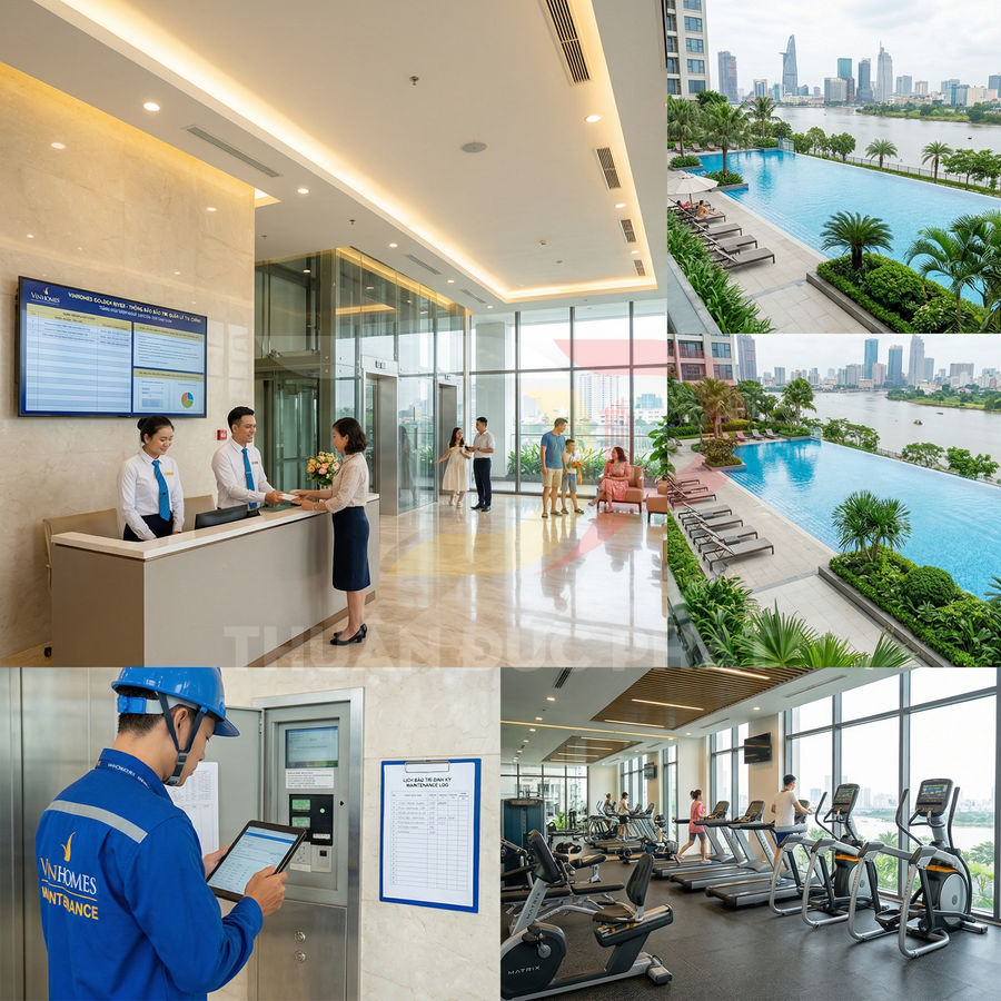 Tiện ích cao cấp tại chung cư Vinhomes gồm sảnh lễ tân, hồ bơi ngoài trời và phòng gym hiện đại