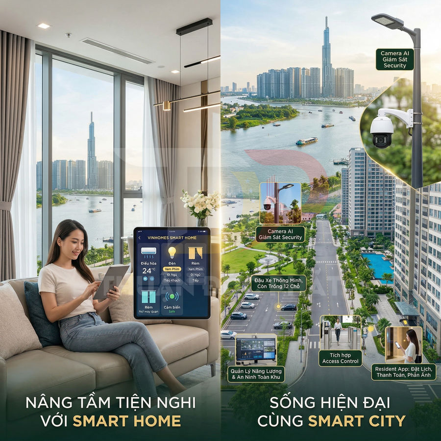 Căn hộ Vinhomes smart home với bảng điều khiển nhà thông minh và khu đô thị smart city hiện đại bên sông
