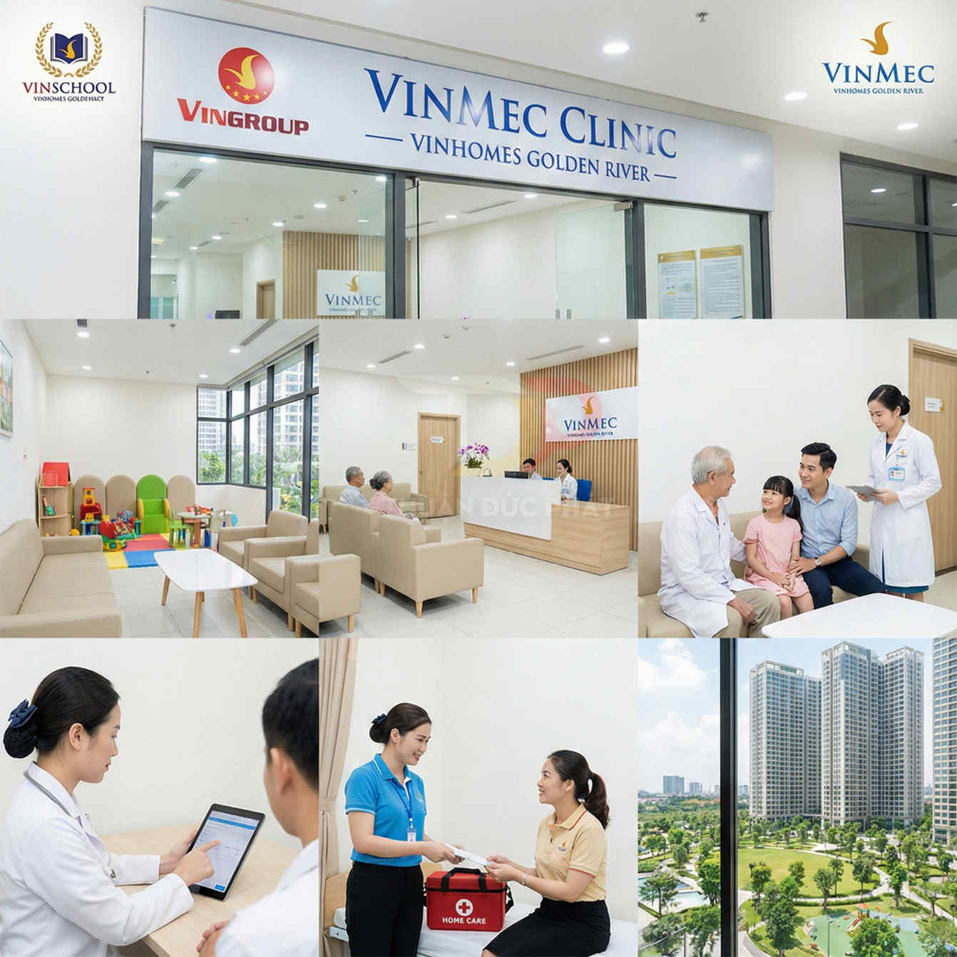 Phòng khám Vinmec Vinhomes Golden River hiện đại với khu tiếp đón, phòng chờ và dịch vụ chăm sóc sức khỏe gia đình