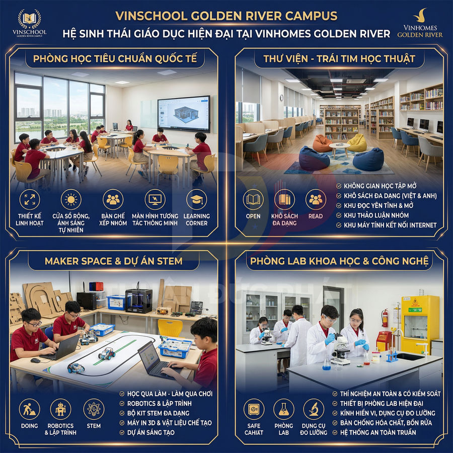 Khuôn viên Vinschool Golden River với phòng học, thư viện, maker space STEM và phòng lab khoa học hiện đại