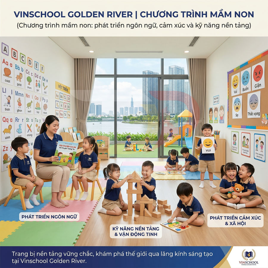 Lớp mầm non Vinschool Golden River với giáo viên và trẻ em học tập, chơi đồ chơi phát triển kỹ năng