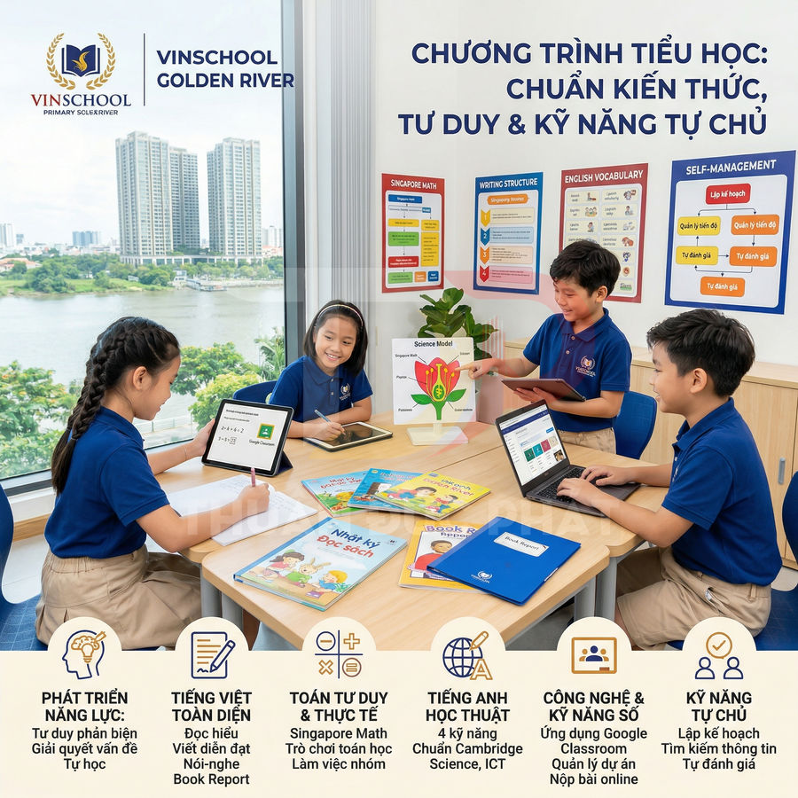Học sinh tiểu học Vinschool Golden River học nhóm với sách giáo khoa và máy tính bảng trong lớp hiện đại