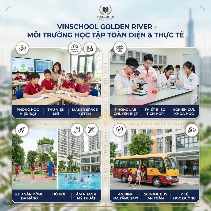 Học sinh Vinschool Golden River học tập, thí nghiệm khoa học, thể thao và đi xe bus trong khuôn viên trường hiện đại