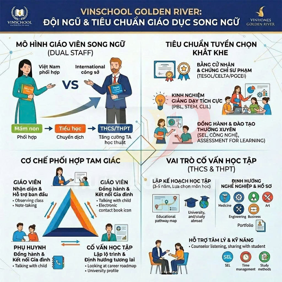 Poster giới thiệu mô hình giáo viên song ngữ và tiêu chuẩn giáo dục tại trường Vinschool Golden River