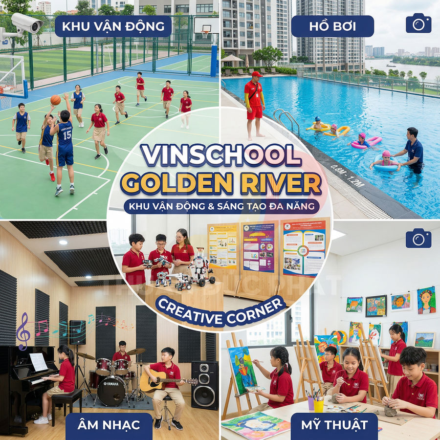 Khu vận động và sáng tạo Vinschool Golden River với sân bóng rổ, hồ bơi, phòng âm nhạc, mỹ thuật và góc robotics cho học sinh