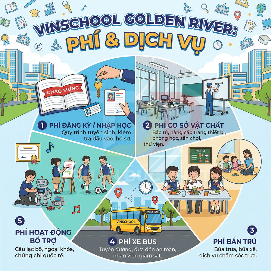 Infographic giới thiệu các loại phí và dịch vụ tại trường Vinschool Golden River