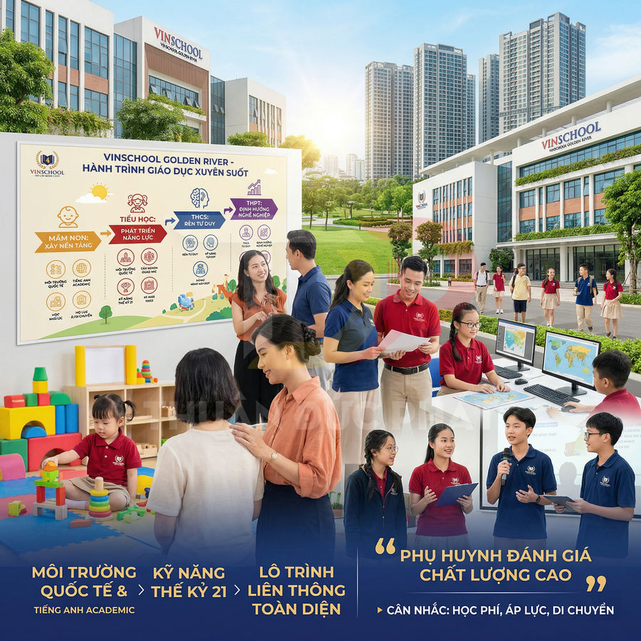 Trường liên cấp Vinschool Golden River với giáo viên và học sinh học tập, vui chơi trong khuôn viên hiện đại