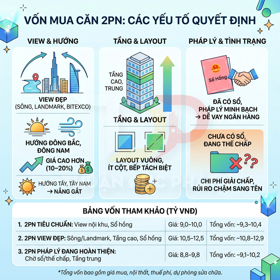 Infographic các yếu tố quyết định vốn mua căn hộ 2PN gồm view hướng, tầng layout, pháp lý và bảng vốn tham khảo