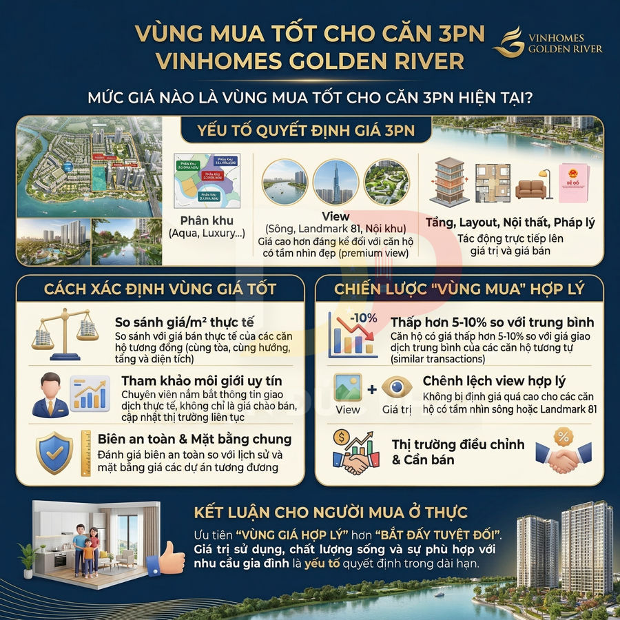 Infographic hướng dẫn chọn vùng giá tốt khi mua căn hộ 3 phòng ngủ tại dự án Vinhomes Golden River