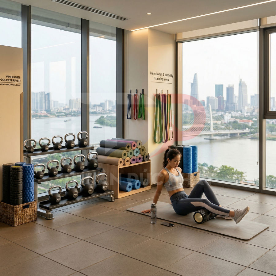 Phòng tập gym tại chung cư cao cấp với tạ kettlebell, thảm yoga và phụ kiện tập luyện cạnh cửa sổ view sông