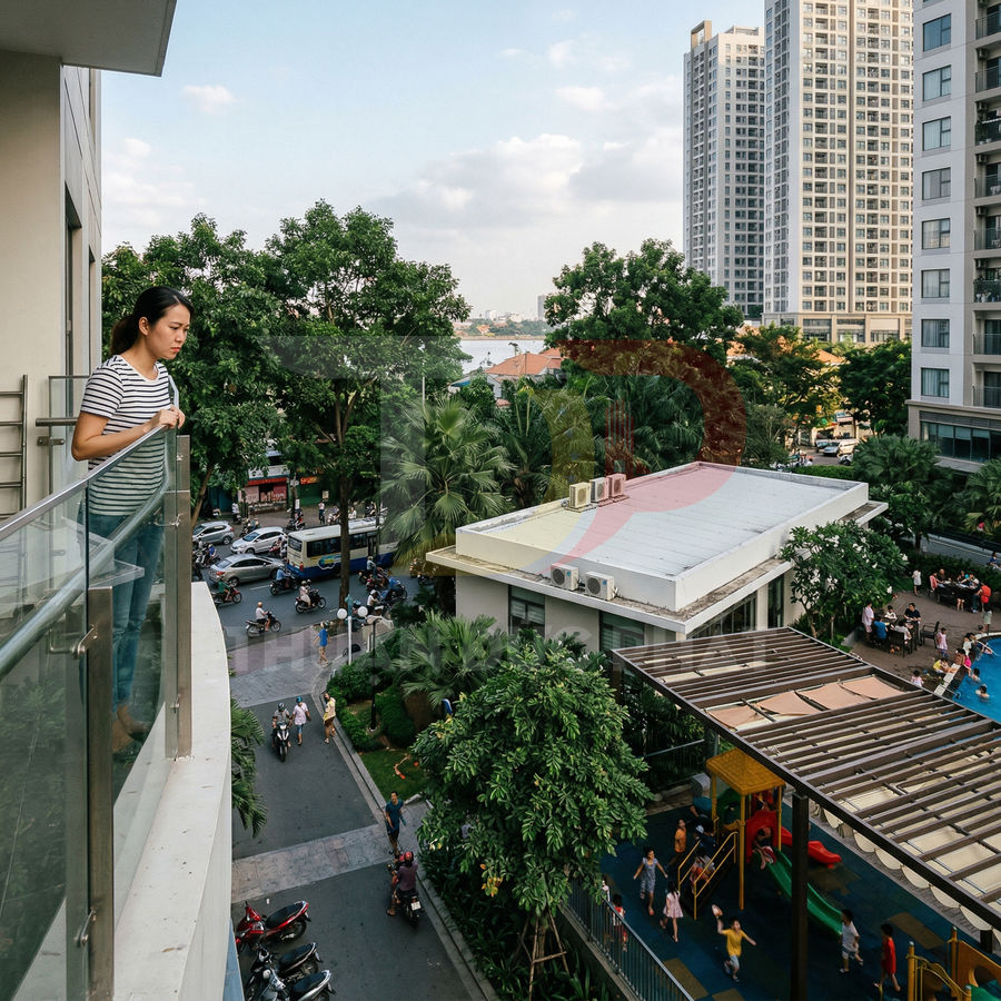 Người phụ nữ đứng trên ban công căn hộ nhìn xuống khu vui chơi trẻ em và đường phố đông đúc trong khu chung cư