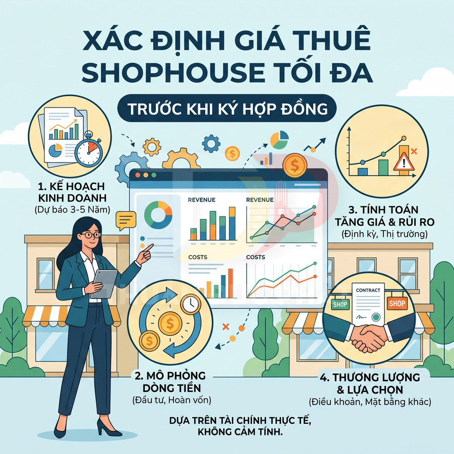 Hướng dẫn xác định giá thuê shophouse tối đa với kế hoạch kinh doanh, mô phỏng dòng tiền và thương lượng hợp đồng