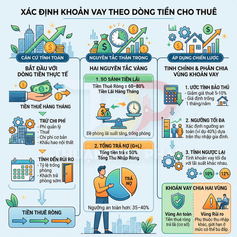 Infographic hướng dẫn xác định khoản vay theo dòng tiền cho thuê với các bước tính toán, nguyên tắc thận trọng và chiến lược vay an toàn