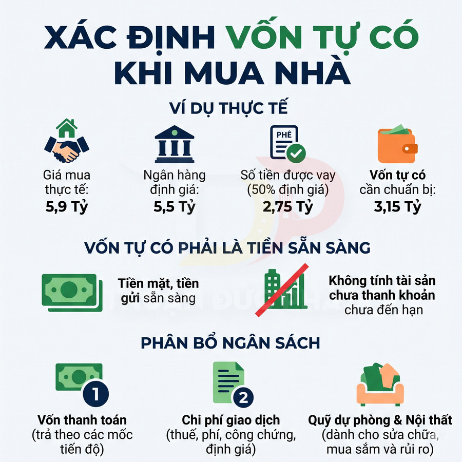 Hướng dẫn xác định vốn tự có cần chuẩn bị khi mua nhà, với ví dụ giá mua 5,9 tỷ đồng và khoản vay 2,75 tỷ đồng