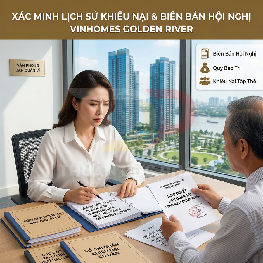 Nhân viên ban quản lý xem hồ sơ khiếu nại và biên bản hội nghị cư dân Vinhomes Golden River