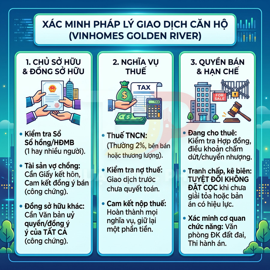 Hướng dẫn xác minh pháp lý giao dịch căn hộ Vinhomes Golden River với các bước kiểm tra sở hữu, thuế và quyền bán