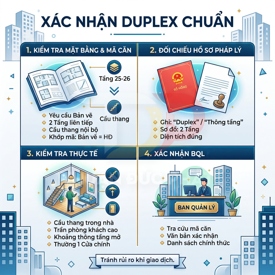 Infographic hướng dẫn kiểm tra và xác nhận căn hộ duplex chuẩn, các bước từ hồ sơ pháp lý đến xác nhận ban quản lý