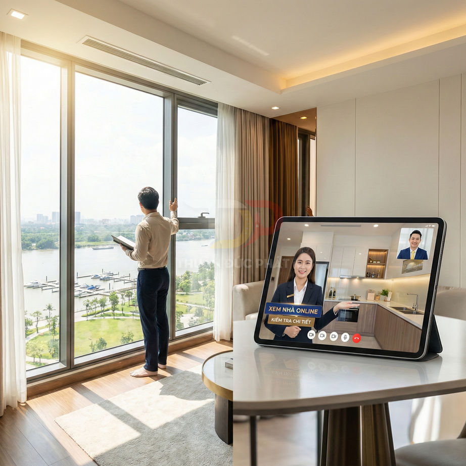 Máy tính bảng hiển thị tư vấn xem nhà online trong căn hộ cao cấp view sông