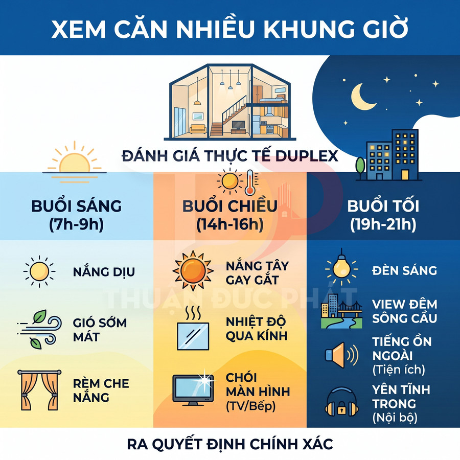 Infographic hướng dẫn xem căn hộ duplex nhiều khung giờ để đánh giá nắng, nhiệt độ, ánh sáng và tiếng ồn