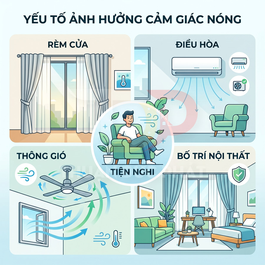 Minh họa các yếu tố rèm cửa điều hòa thông gió và bố trí nội thất giúp giảm cảm giác nóng trong phòng